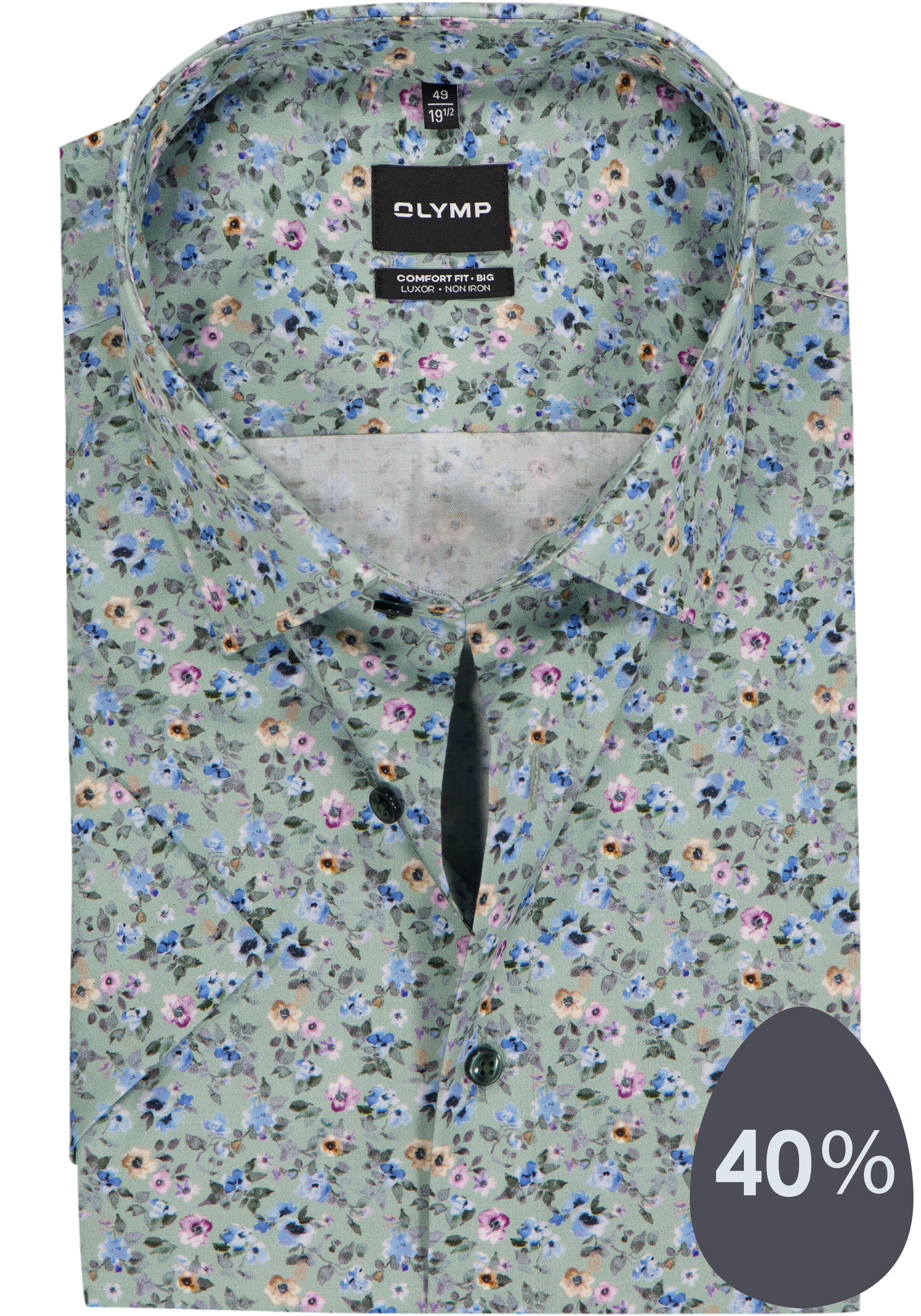 OLYMP Luxor comfort fit Big overhemd, korte mouw, dobby, groen met blauw en roze bloemetjes dessin